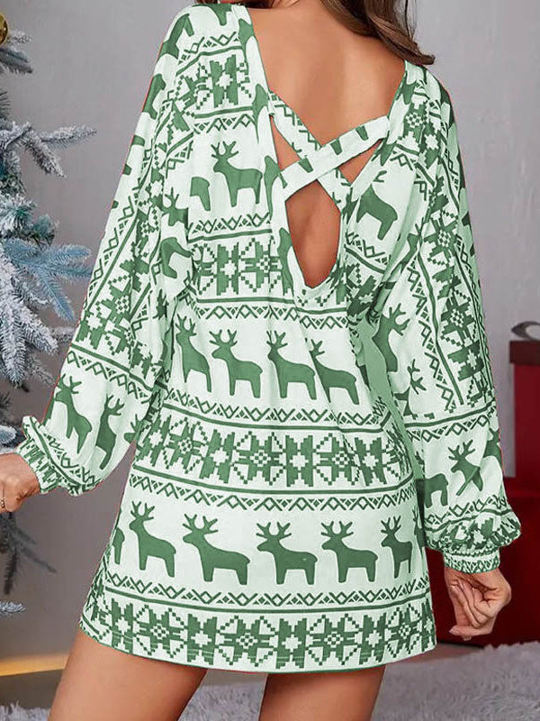 Long Sleeves Puff Sleeves Animal Printed Contrast Color Flower Print One-Shoulder Mini Dresses