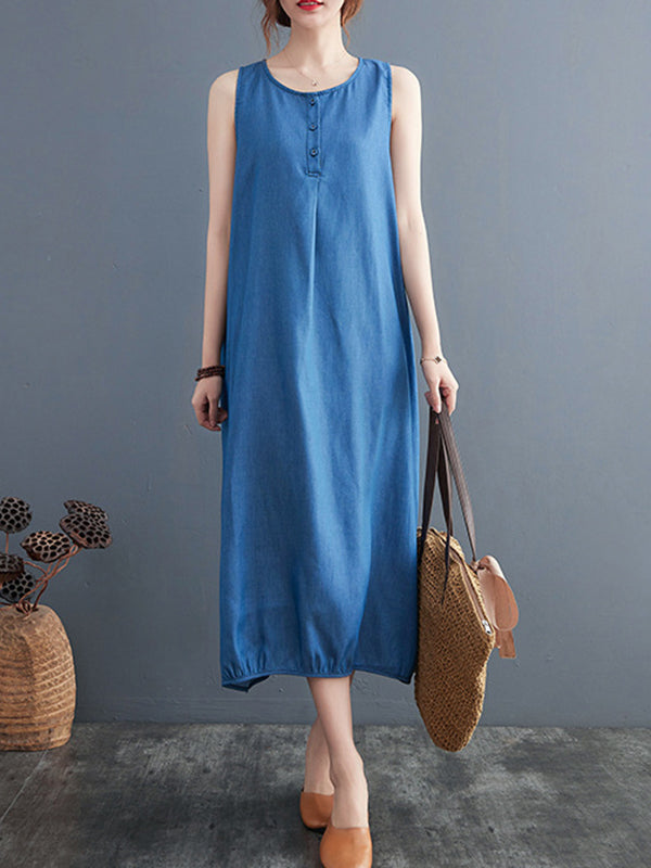 A-Line Loose Buttoned Pleated Solid Color Round-Neck Midi Dresses