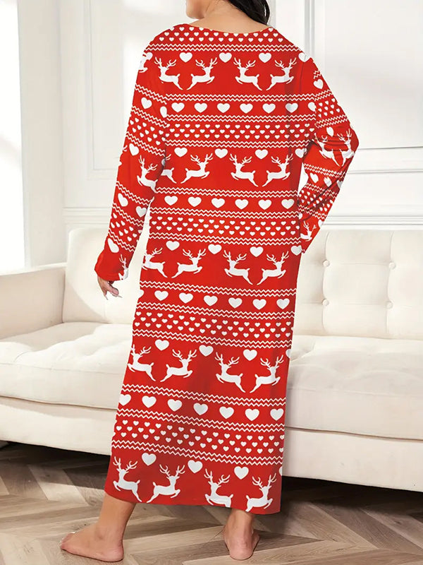 Long Sleeves Loose Animal Prints Printed Round-Neck Maxi Dresses Pajamas