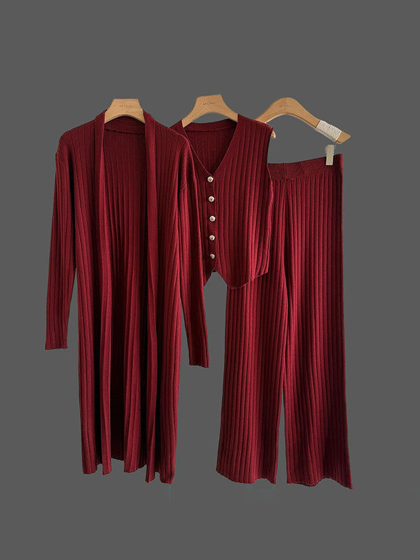 Knitting Sleeveless V-Neck Vest Top + Long Sleeves Cardigan + High Waisted Pants Three Pieces Set