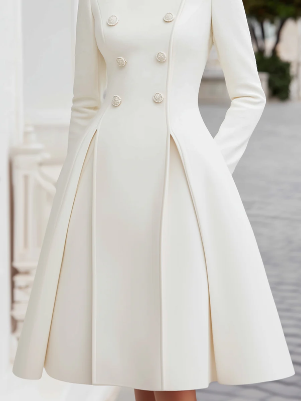 A-Line High Waisted Buttoned Pleated Pockets Solid Color Stand Collar Midi Dresses Overcoat