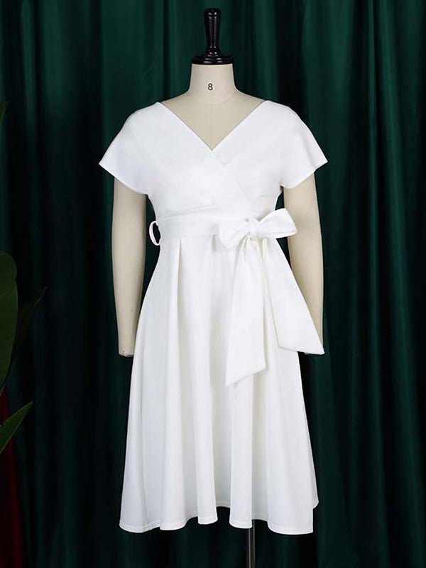 Einfarbige Midikleider mit Schleife und V-Ausschnitt