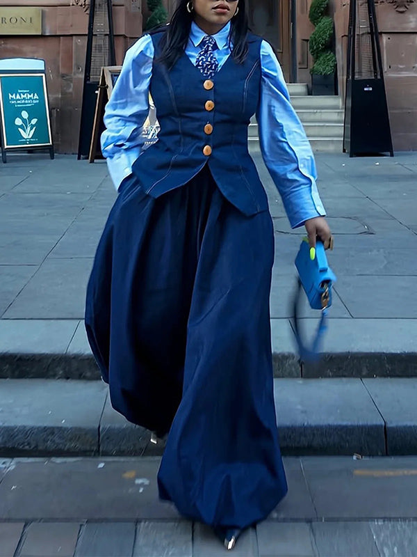 Pantalon sarouel ample plissé couleur unie en jean