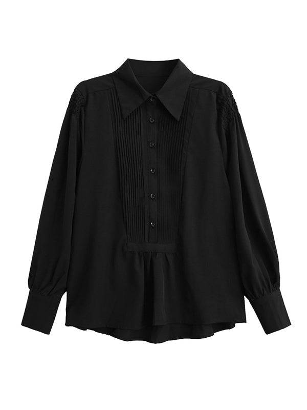 Long Sleeves Loose Buttoned Pleated Solid Color Polo Blouses&Shirts Tops