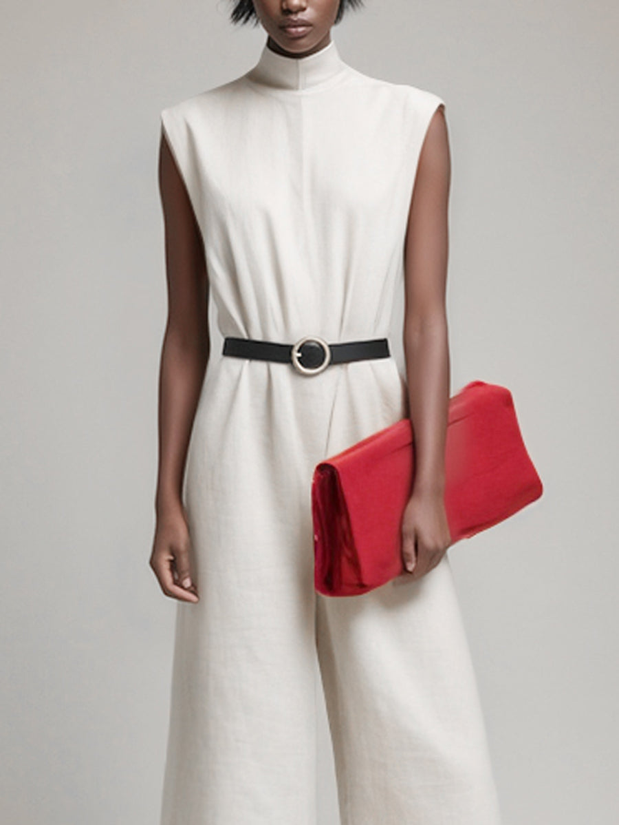 High Waisted Sleeveless No Belt Solid Color Mock Neck Jumpsuits