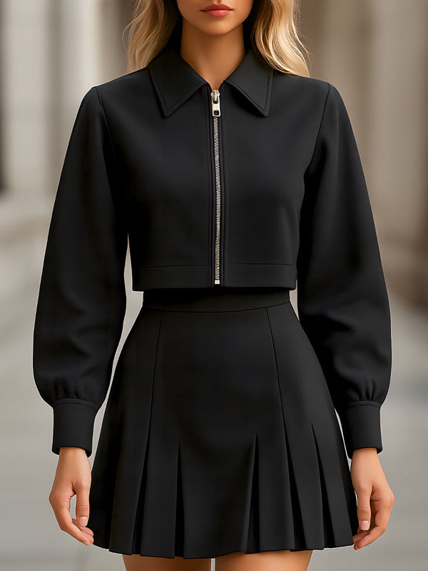 Long Sleeves Solid Color Zipper Lapel Outerwear