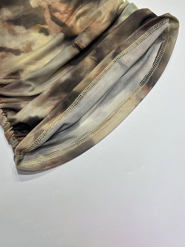 Long Sleeves Skinny Pleated Split-Joint Tie Dye Off-The-Shoulder T-Shirts Tops