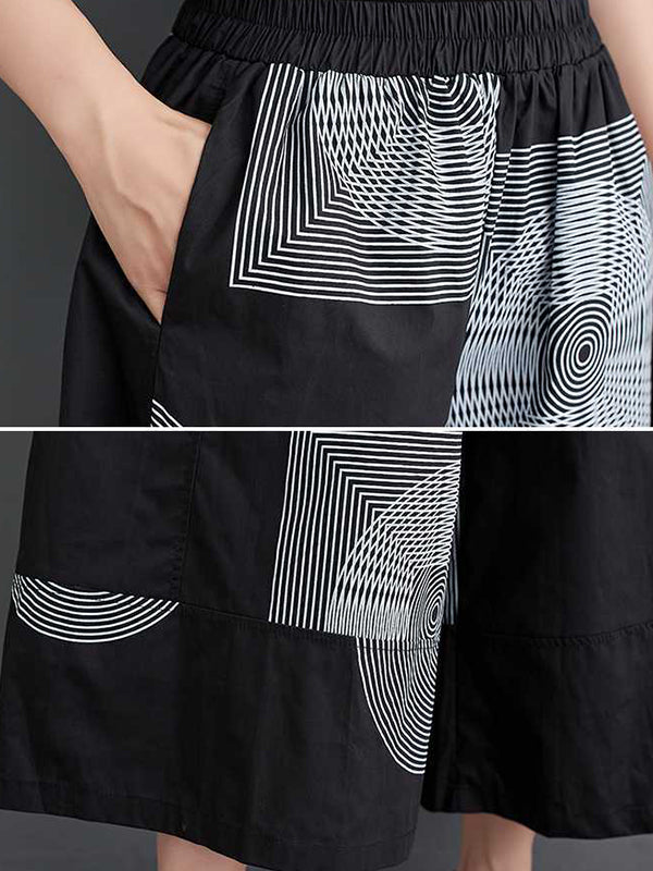 Pantalon court taille haute ample et élastique imprimé