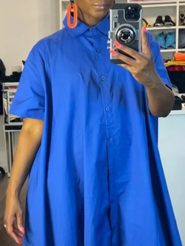 Half Sleeves Loose Buttoned Elasticity Pockets Solid Color Lapel Jumpsuits