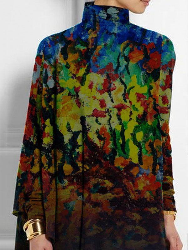 T-shirts à manches chauve-souris, manches longues, imprimés asymétriques, col montant et fentes latérales