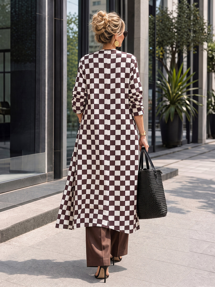 Plaid Contrast Color Buttoned Long Sleeves Round-neck Outerwear