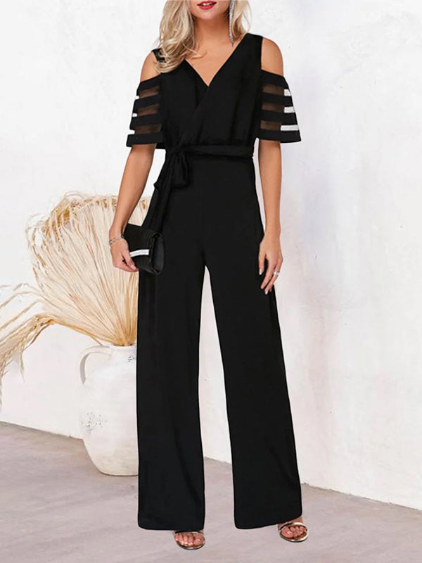 High Waisted Loose Hollow Mesh Solid Color Tied Waist V-Neck Jumpsuits
