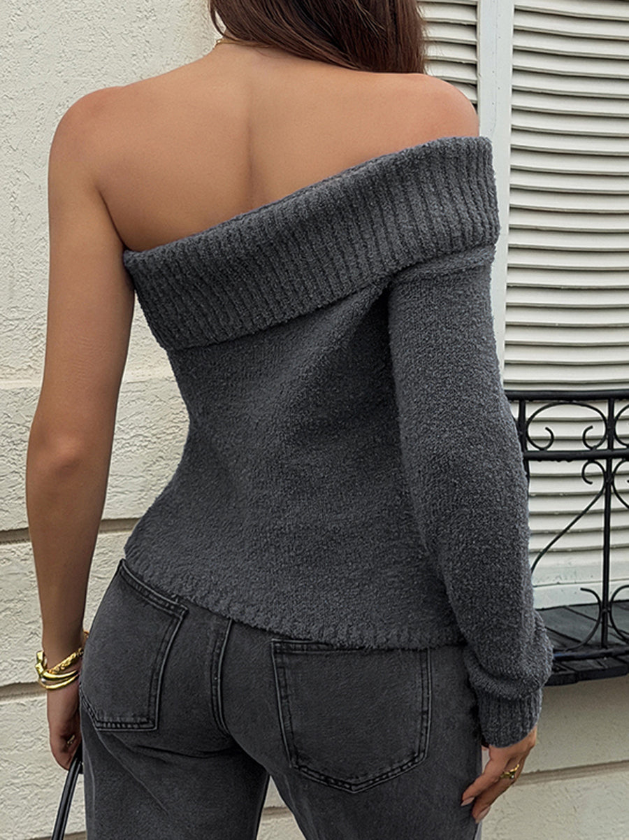 Solid Color Long Sleeves One-shoulder Sweater Tops