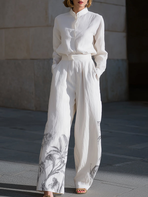 High Waisted Wide Leg Buttoned Flower Print Pleated Pockets Solid Color Pants Trousers