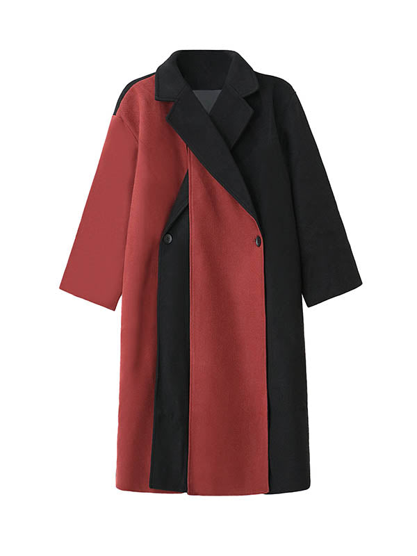 Irregularity Long Sleeves Buttoned Contrast Color Double-Breasted Split-Joint Tasseled Notched Collar Outerwear Overcoat
