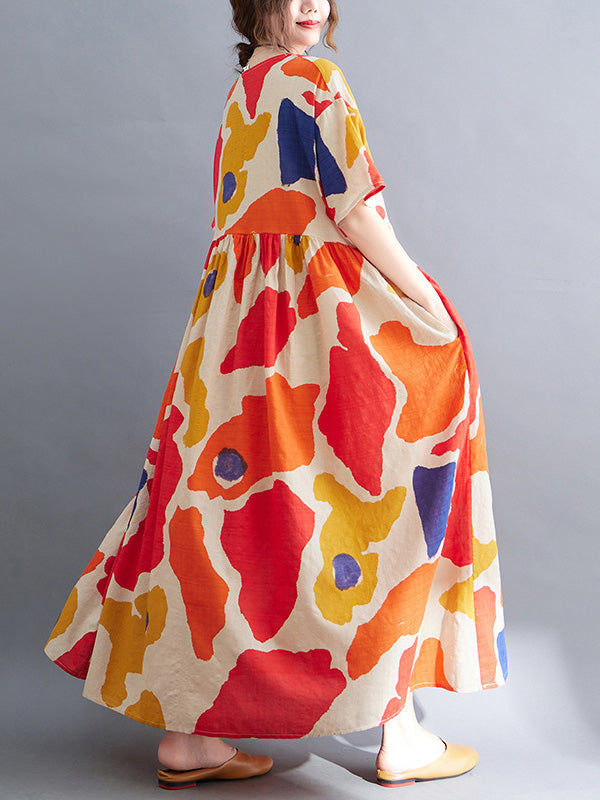 Künstlerische Retro-Kurzarm-Midikleider mit lockerem Kontrastfarbdruck und Rundhalsausschnitt