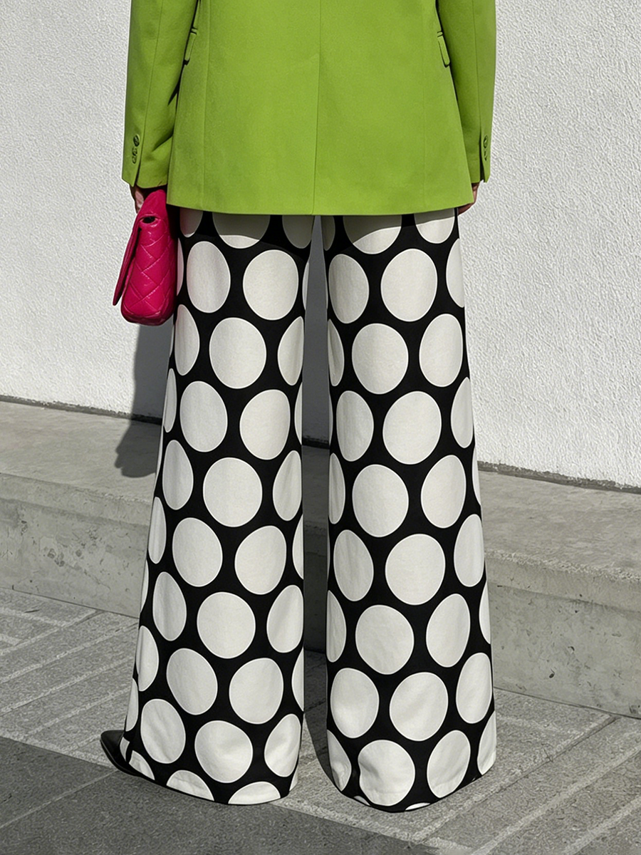 High Waisted Wide Leg Contrast Color Elasticity Pockets Polka Dot Pants Trousers
