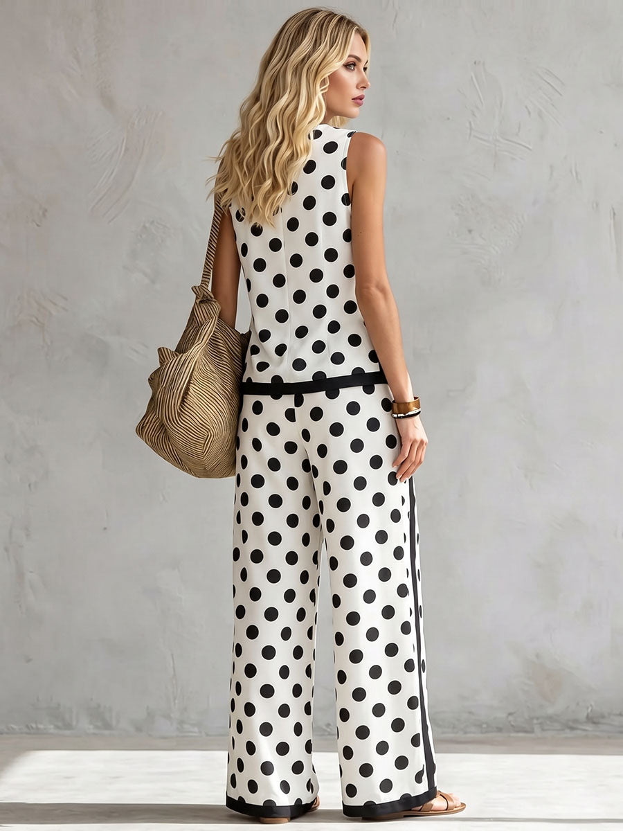 Sleeveless Contrast Color Polka Dot Round-Neck Tank Top