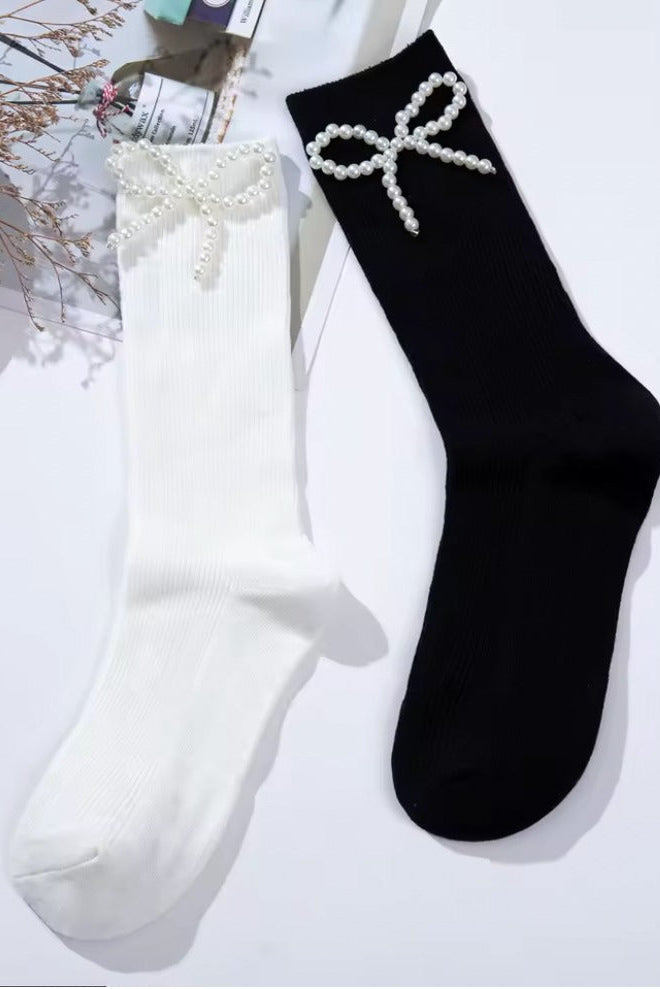 Pearl Bow Classic Ribbed Crew Socks
