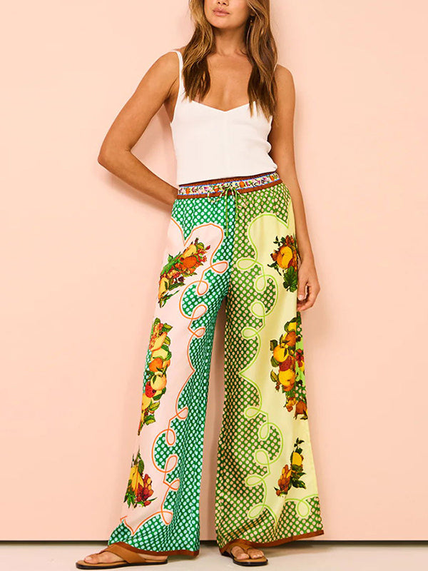 Loose Short Sleeves Contrast Color Floral Printed Lapel Shirt Top&Pants Two Pieces Set