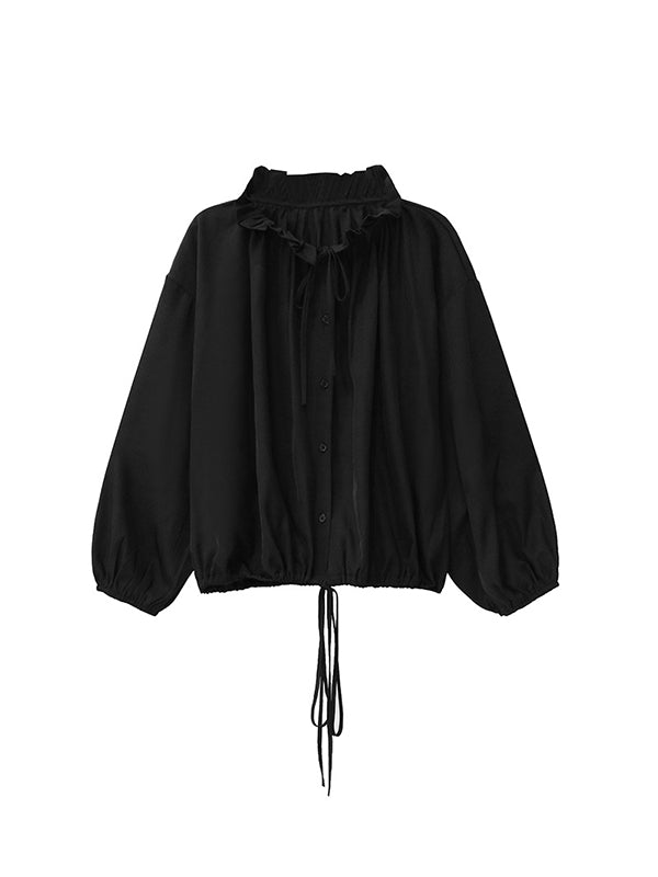 Long Sleeves Loose Drawstring Pleated Pullover Design Solid Color Lace Collar Blouses&Shirts Tops