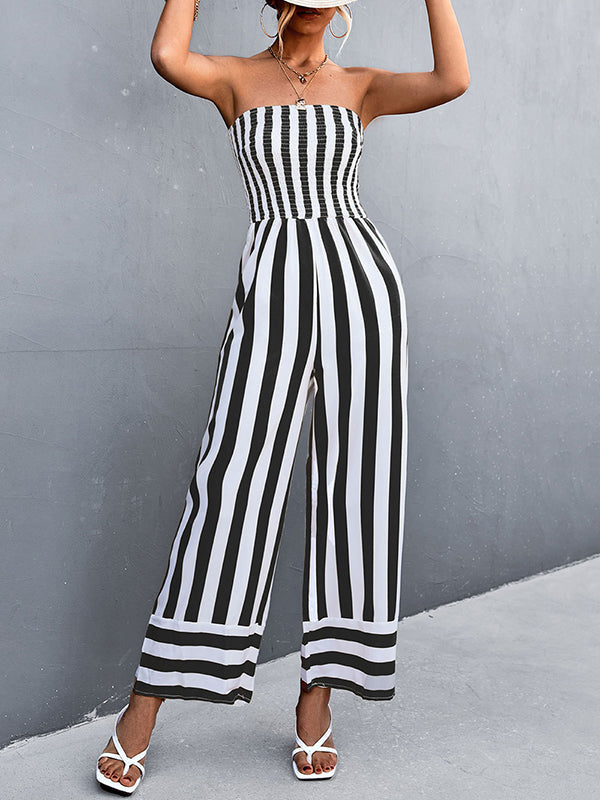 Loose Sleeveless Contrast Color Elasticity Striped Tube Jumpsuits