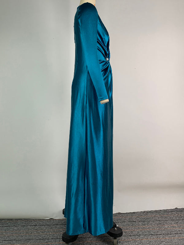 Solid Color Bodycon Long Sleeves Pleated Split-Front Tied Waist Deep V-Neck Maxi Dresses
