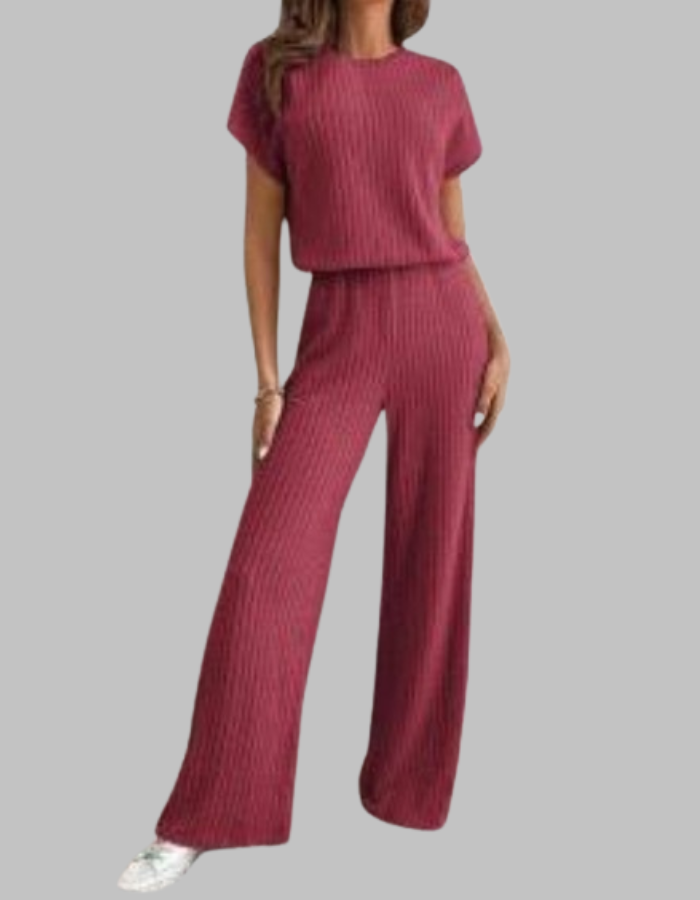 Nora | Women's Ribbed Two Piece Set Short Sleeve Top Wide Leg Pants