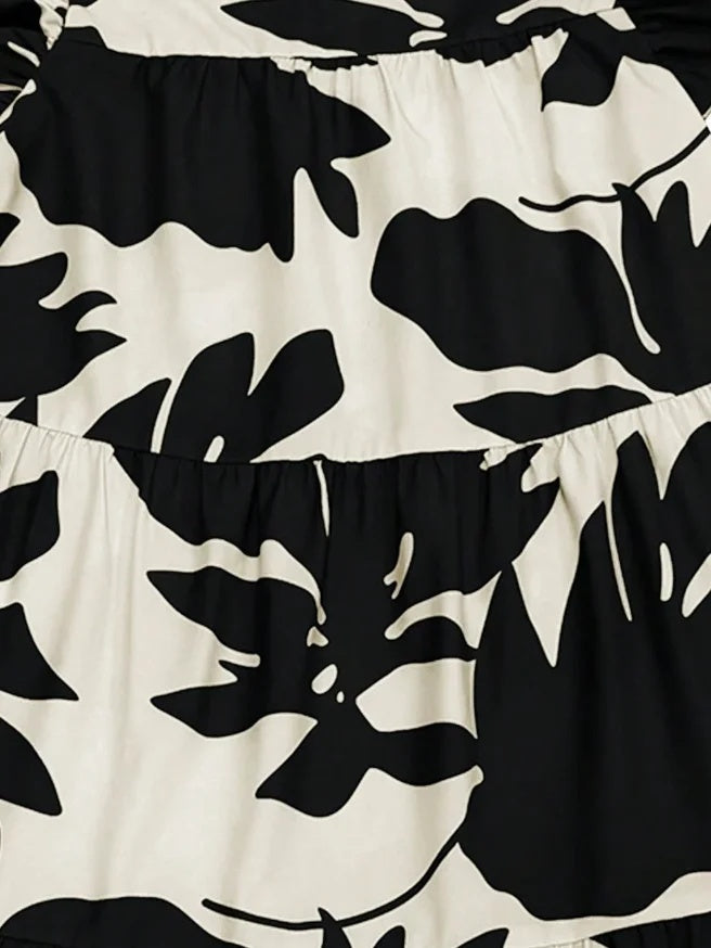 Lockere Rüschenärmel, Blumendruck, plissiertes Midikleid mit Rundhalsausschnitt