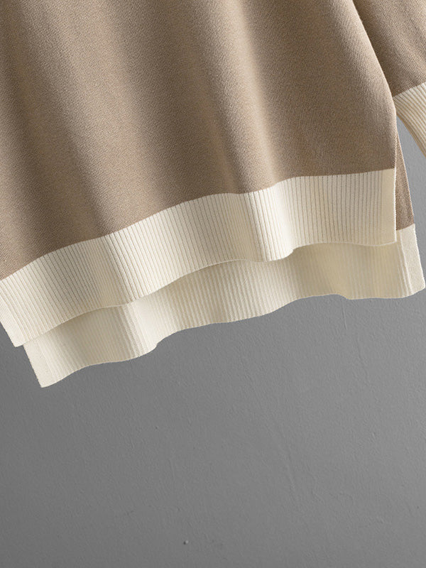 High-Low Contrast Color Split-Side V-Neck Sweater Tops + Elasticity Pants Trousers Two Pieces Set