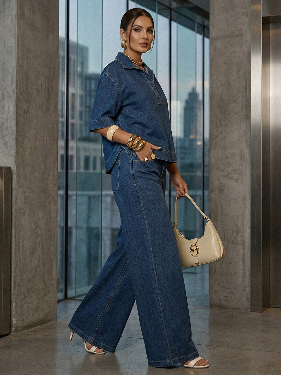 Half Sleeves Loose Buttoned Solid Color Split-Joint Lapel Blouses&shirts Tops