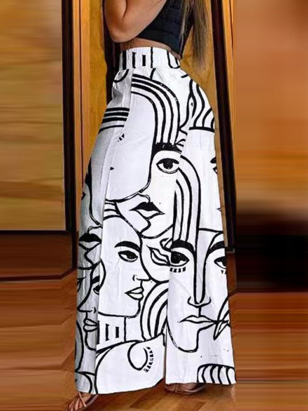 Pantalons à jambes larges, élastiques, poches, imprimés