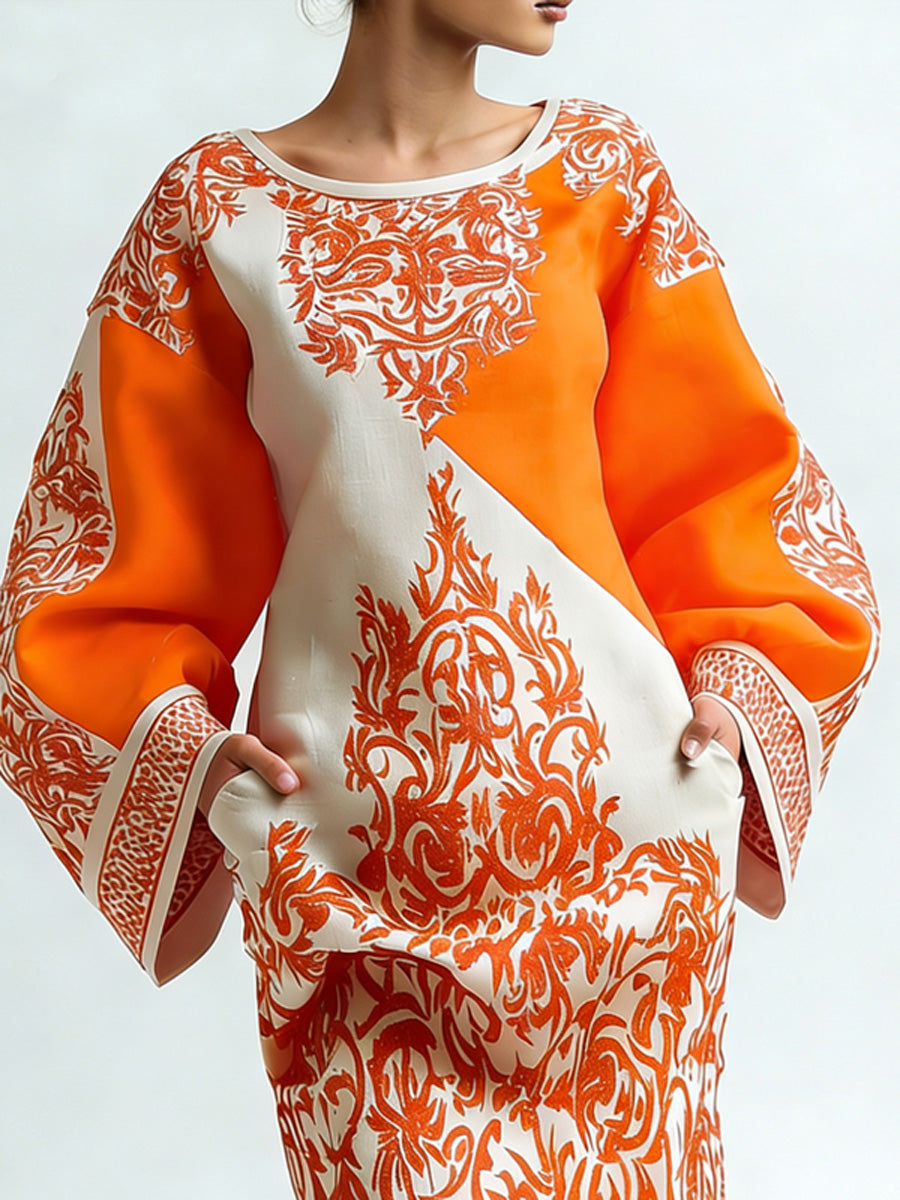 Long Sleeves Loose Contrast Color Flower Print Pockets Round-neck Mini Dresses