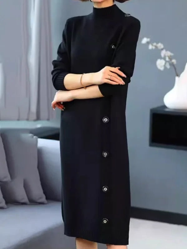 Long Sleeves Buttoned Solid Color Mock Neck Midi Dresses Sweater Dresses