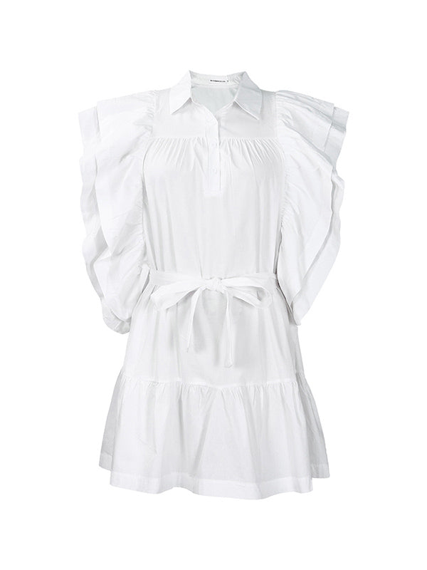 A-Line High Waisted Buttoned Pleated Ruffled Solid Color Tied Waist Lapel Mini Dresses