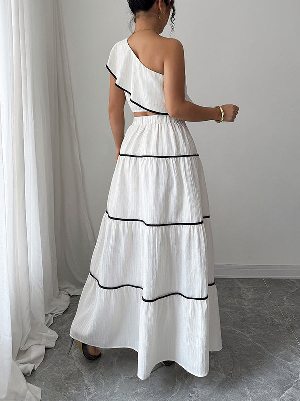 Sleeveless Elasticity Pleated One-Shoulder Vest Top + A-Line Skirts Bottom Two Pieces Set