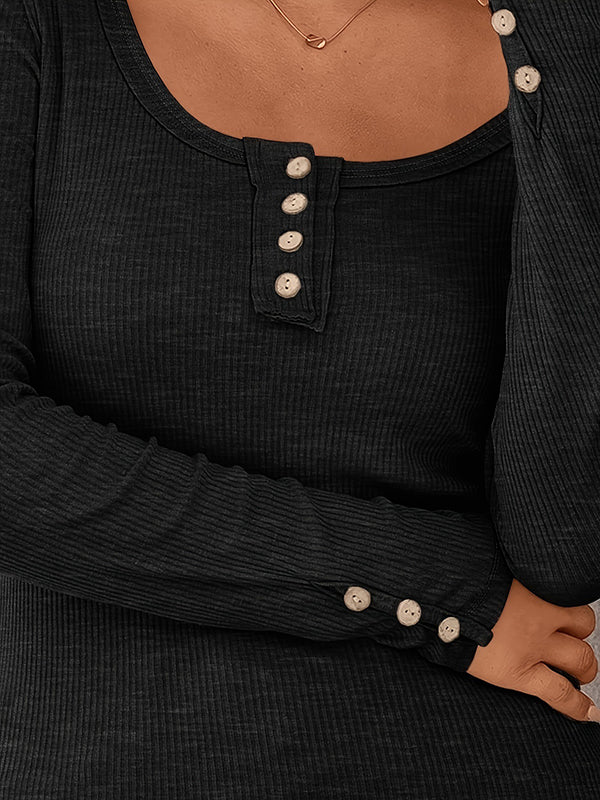 Long Sleeves Buttoned Solid Color Striped Square-Neck Knit Top