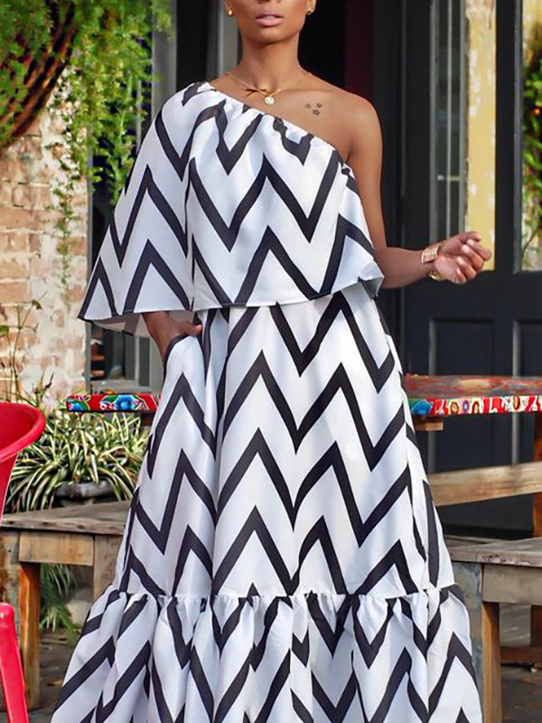 A-Line Loose Contrast Color Pleated Pockets Split-Joint Striped One-Shoulder Maxi Dresses