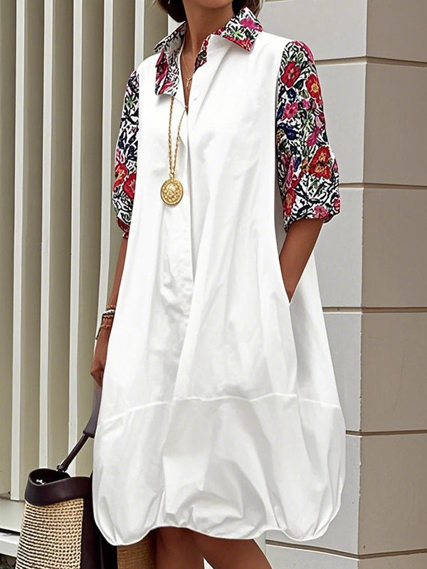 Long Sleeves Loose Buttoned Contrast Color Pleated Pockets Printed Lapel Midi Dresses