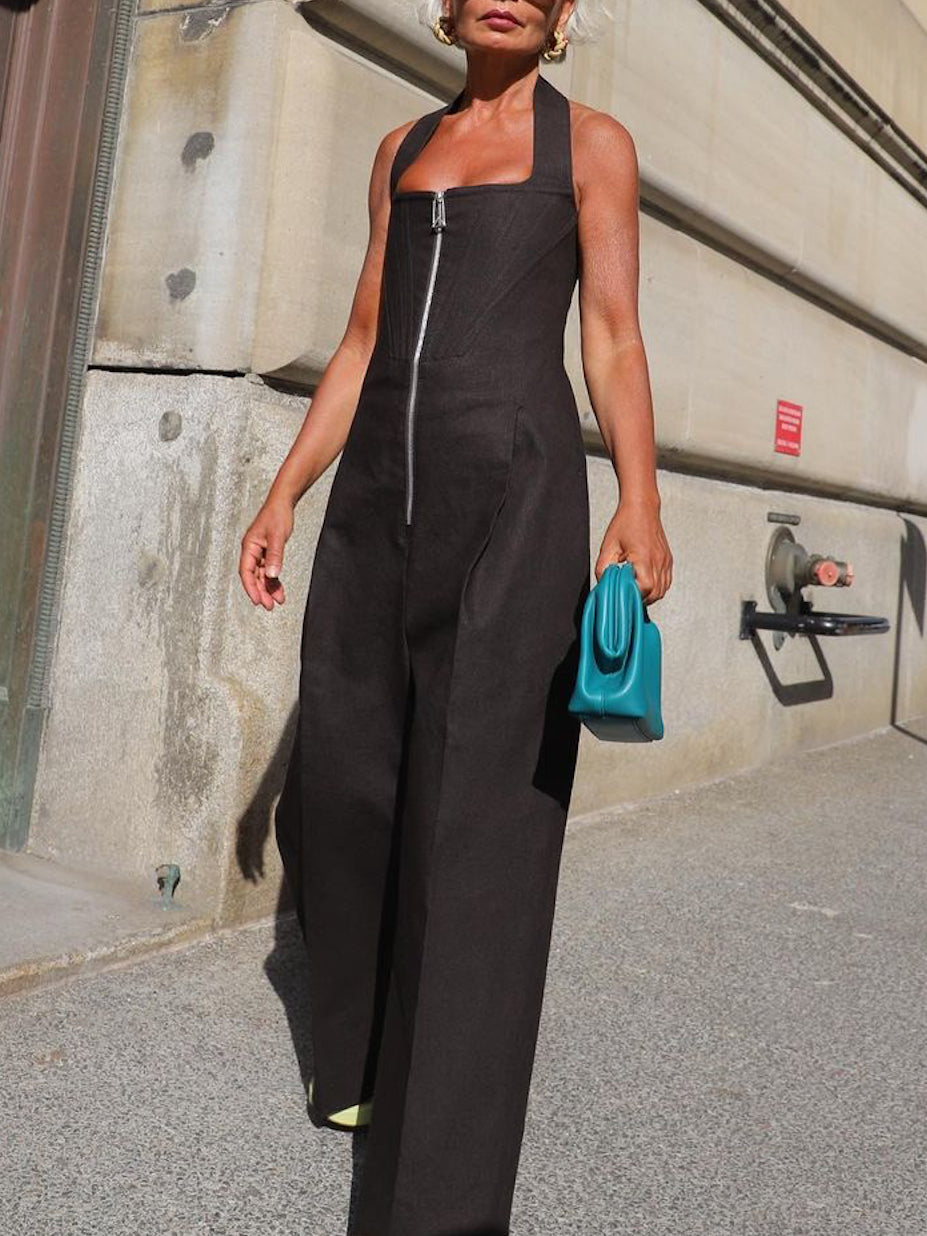 Sleeveless Wide Leg Solid Color Zipper Halter-Neck Jumpsuits
