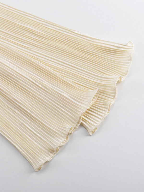 Long Sleeves Loose Lace-Up Pleated Solid Color Split-Joint Deep V-Neck Blouses&Shirts Tops