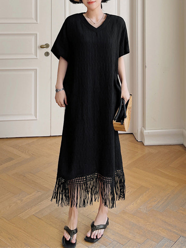 Loose Short Sleeves Solid Color Split-Joint Tasseled V-Neck Midi Dresses