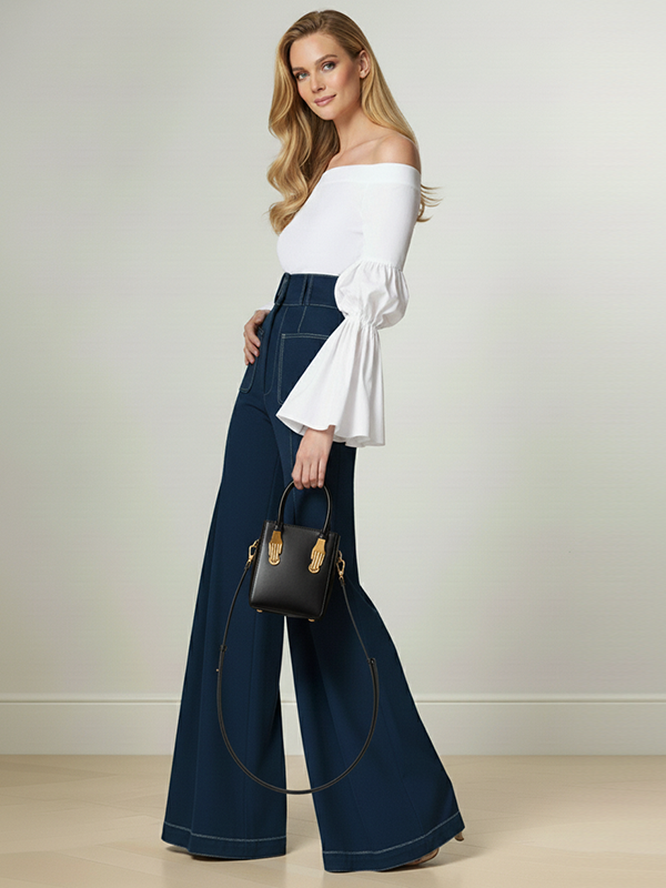 Flared Pants High Waisted Buttoned Solid Color Pants