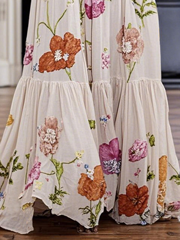 A-Linie Locker Blumendruck Plissee Split-Joint Rundhals Abendkleider Maxikleider