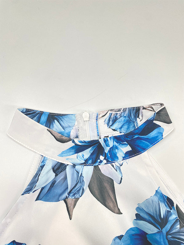 A-Line High Waisted Contrast Color Flower Print Pleated Halter-Neck Maxi Dresses