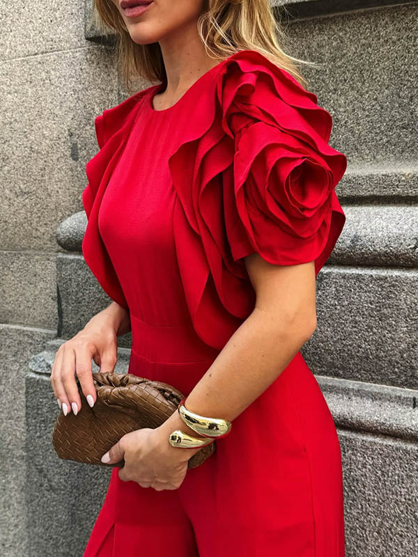 Combinaison ample à manches courtes et col rond, couleur unie