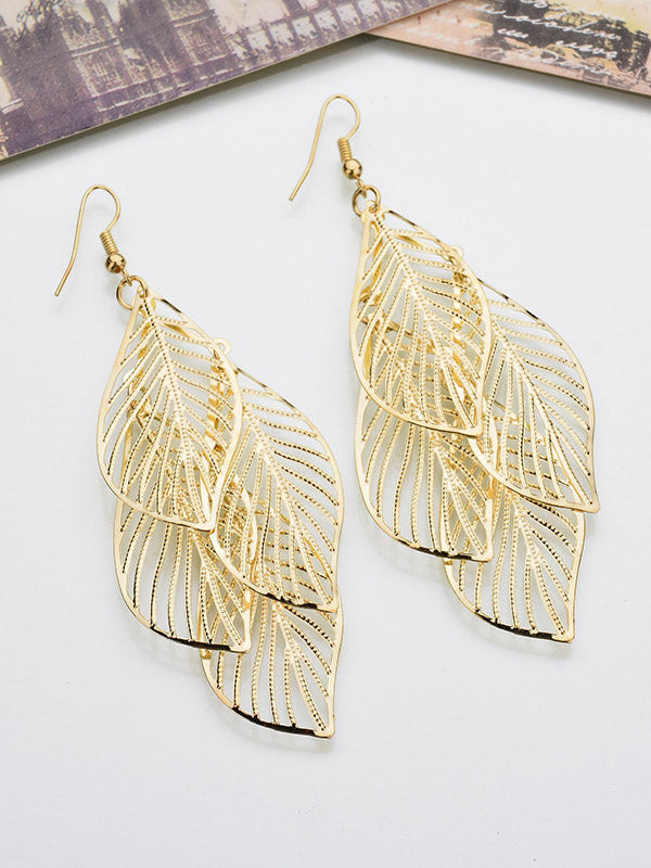Stylish Silver&Gold Multi-Layer Leaf Hollow Earrings GOLD FREE SIZE