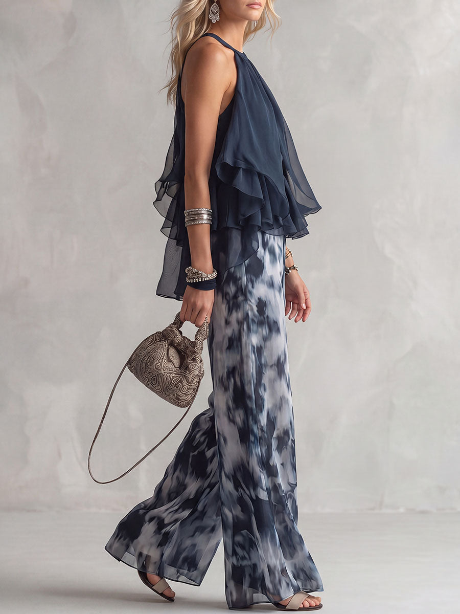 High Waisted Wide Leg Contrast Color Printed Pants Trousers