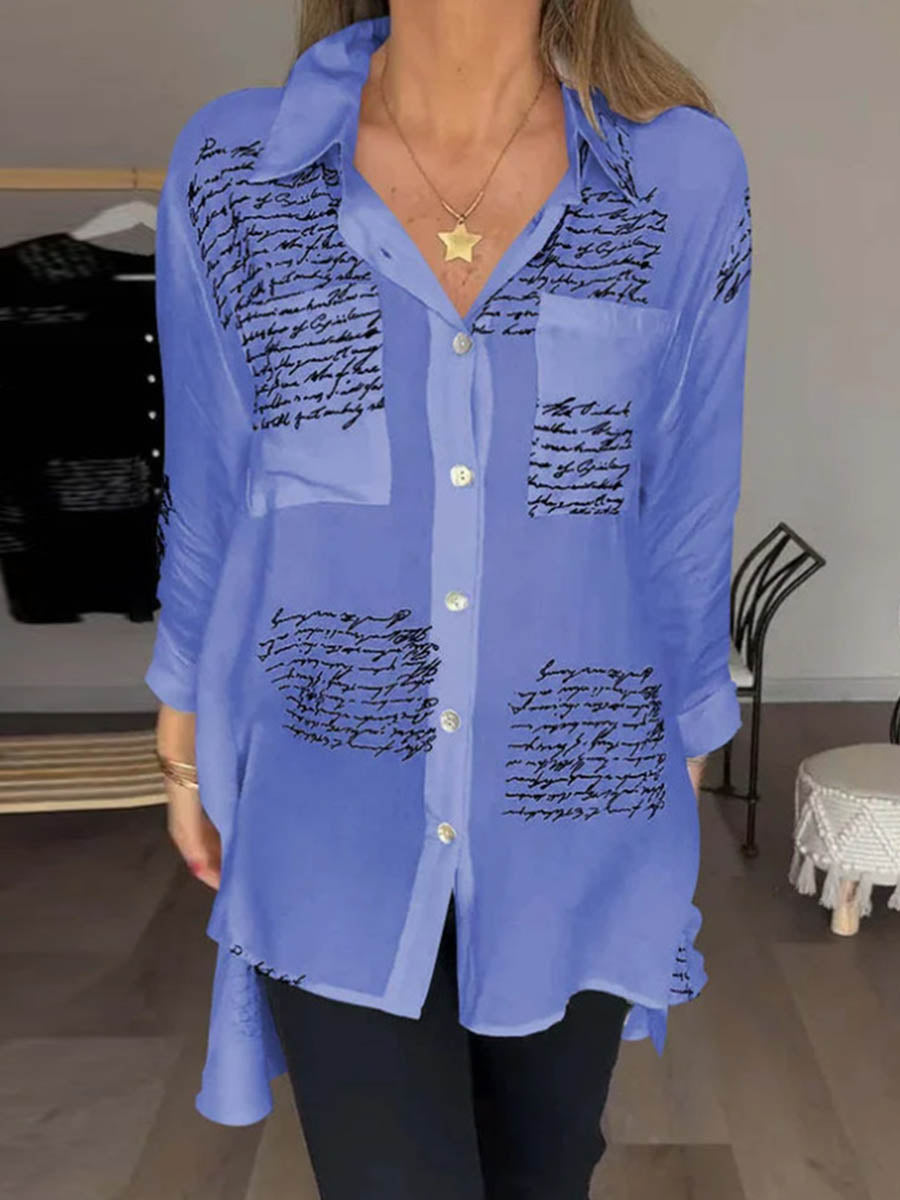 High-Low Long Sleeves Contrast Color Letter Print Pockets Lapel Blouses&Shirts Tops