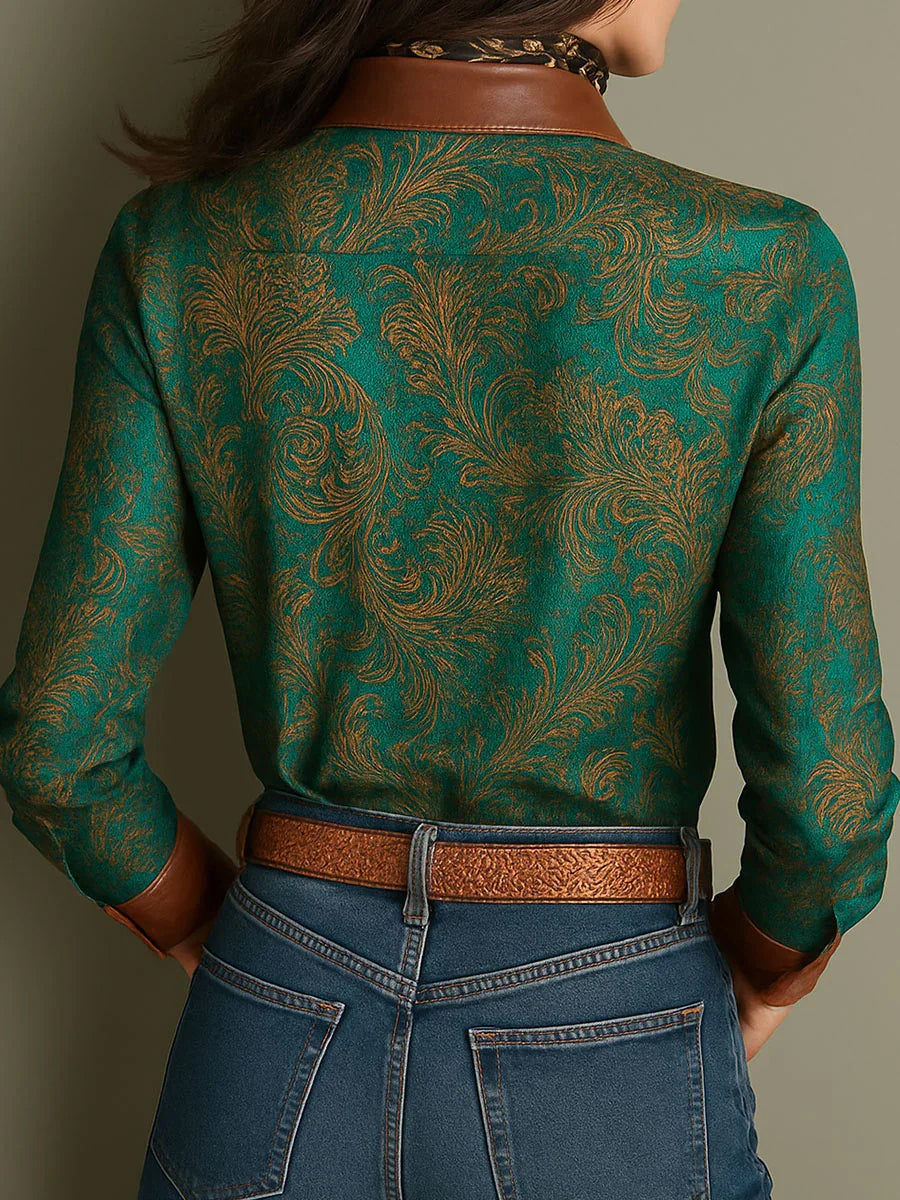 Long Sleeves Buttoned Contrast Color Printed Split-Joint Lapel Blouses&Shirts Tops